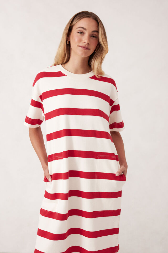 Charlotte Midi Terry Dress, WHITE RED BOLD STRIPE