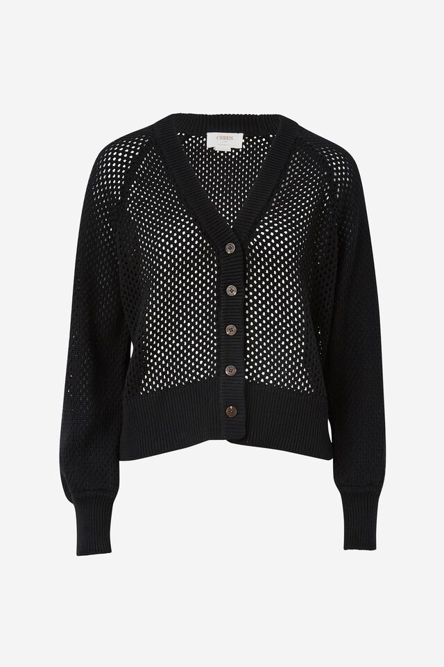 Mesh Knit Cardigan In Organic Cotton, BLACK