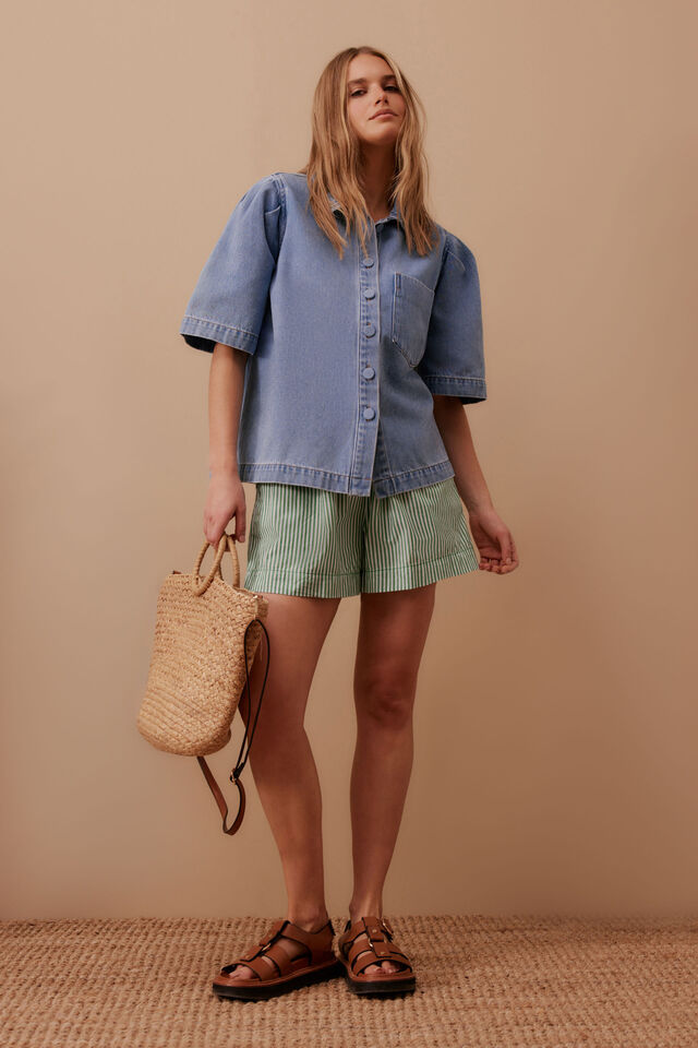 Dylan Pleat Sleeve Denim Shirt, VINTAGE BLUE