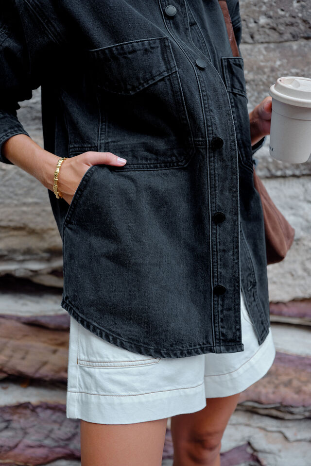 Bobbi Side Pocket Denim Shacket, WASHED BLACK