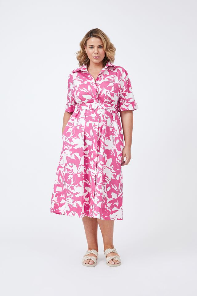 Shirt Dress In Organic Cotton Poplin Eh, RASPBERRY ROSE FLORAL
