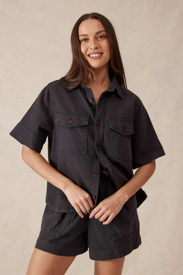 Short Sleeve Boxy Shirt, WASHED BLACK TWILL