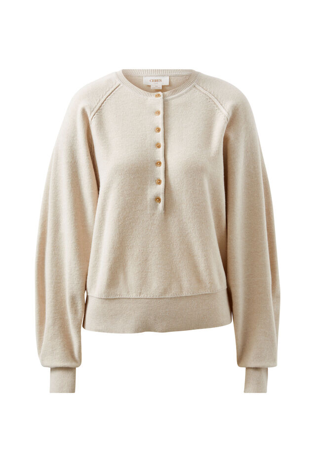 Raglan Button Knit, OATMEAL MARLE