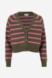 Knitted Cardigan In Recycled Blend Jf, MILITARY GREEN STRIPE - alternate image 2