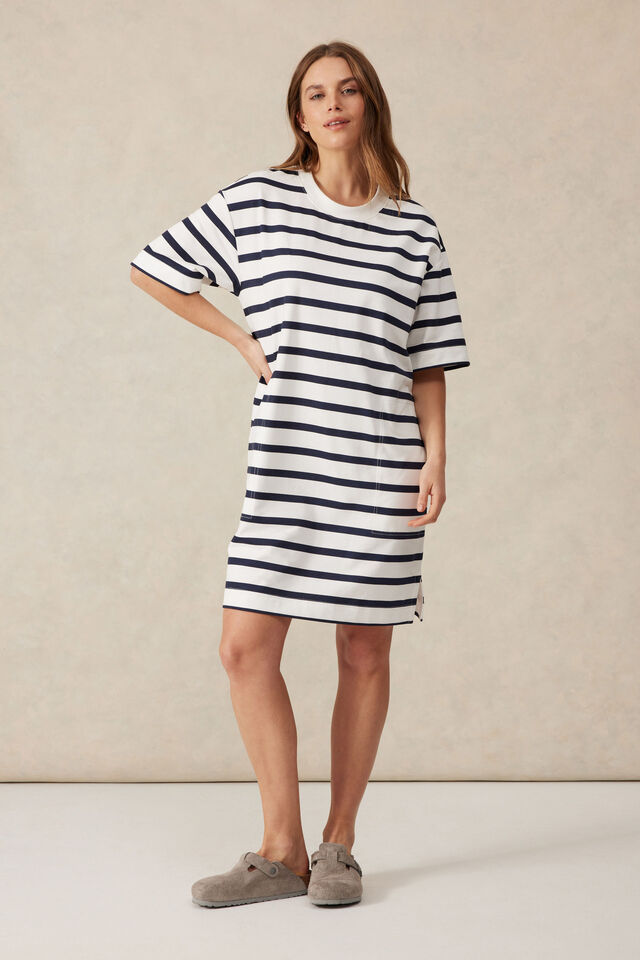Cleo Mini Terry Dress, WHITE NEW NAVY STRIPE