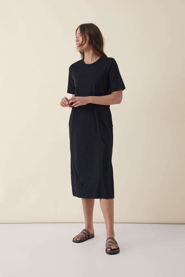 Short Sleeve Tee Midi Dress, BLACK