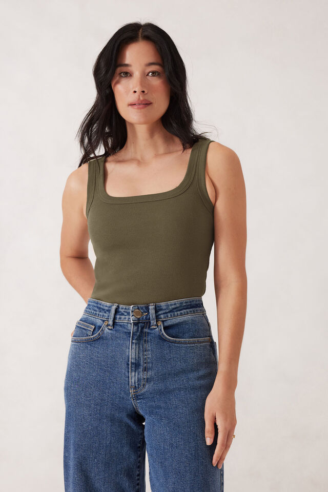 Zaeli Contour Rib Square Neck Tank, SOFT OLIVE