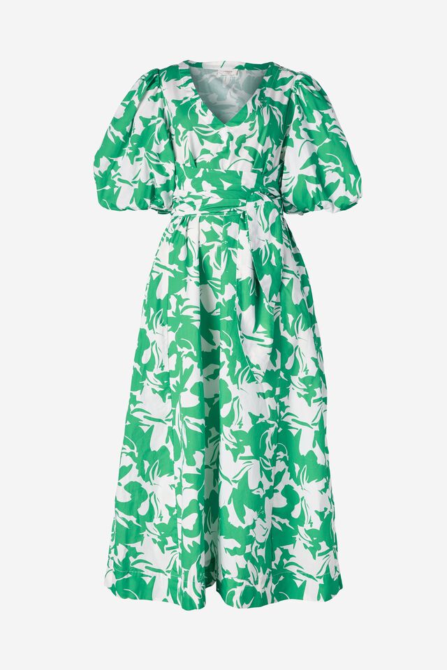 Emma Hawkins Tie Dress In Organic Cotton Poplin, GREEN FLORAL
