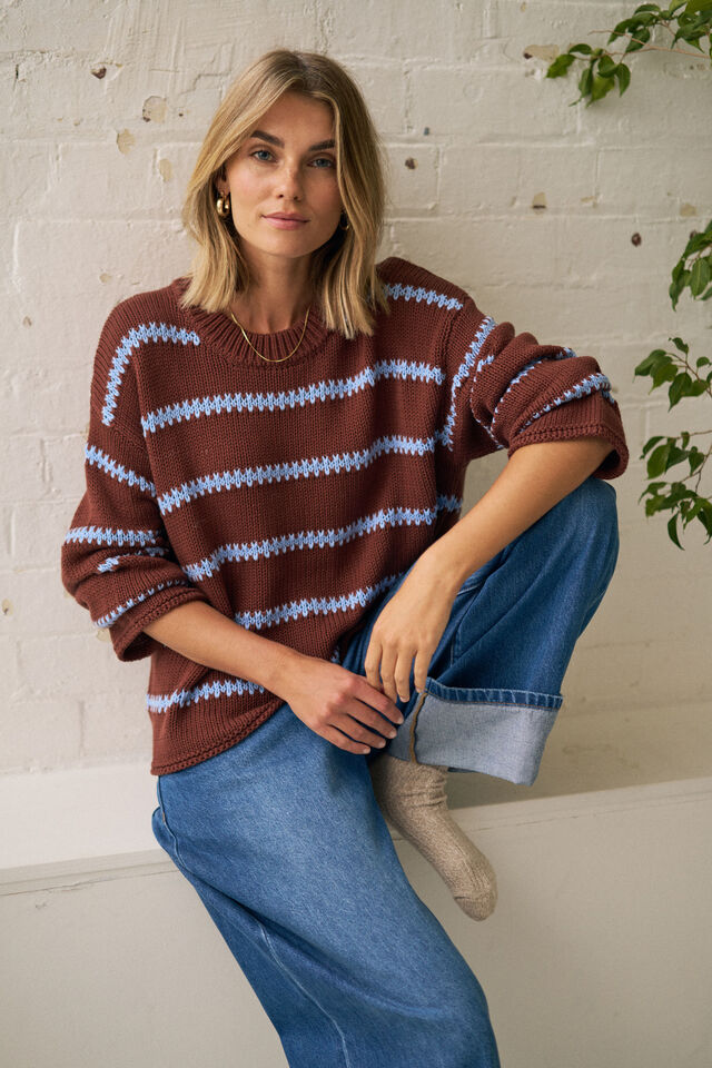 Lila Oversized Knit Crew, BURNT TOFFEE STRIPE