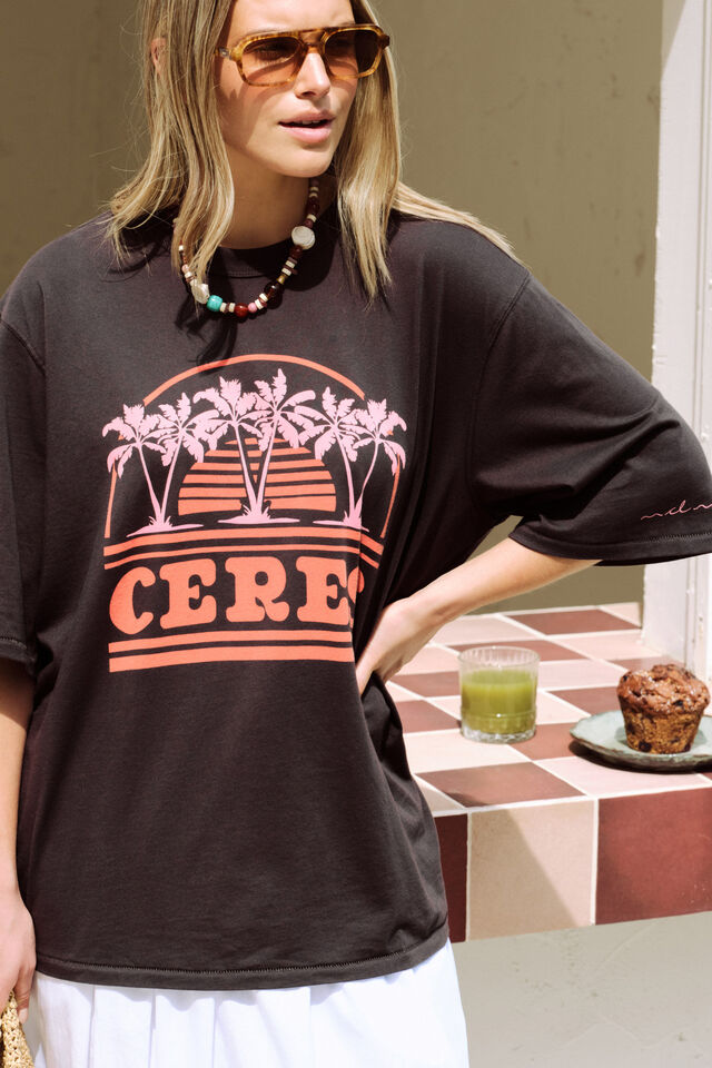 Liv Oversized Tee, PHANTOM/CERES SUNSET PALMS