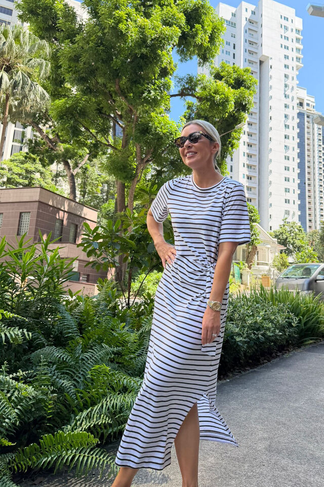 Allora Tie Midi Tee Dress, CHOC STRIPE