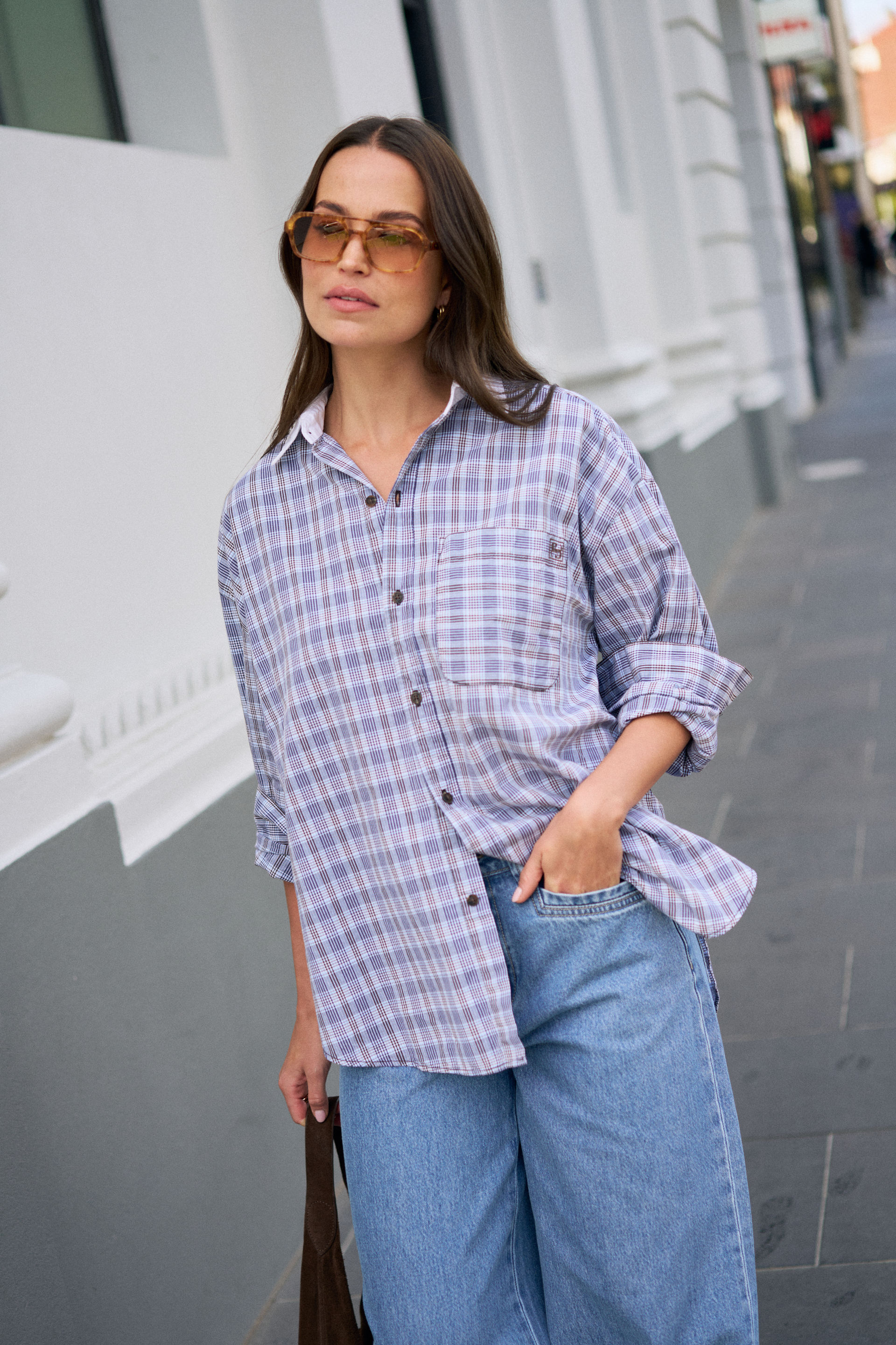 Peta Oversized Poplin Shirt Blue Chocolate Check - Organic Cotton