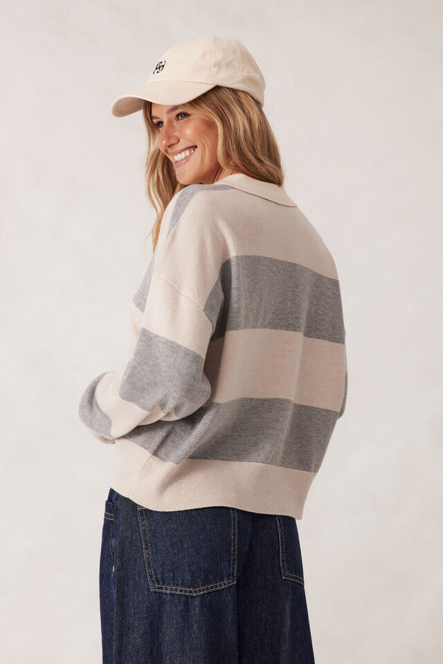 Long Sleeve Rugby Knit, GREY MARLE/OATMEAL MARLE STRIPE