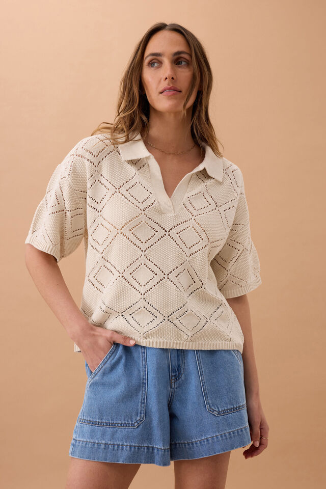 Demi Diamond Knit Collared Tee, ECRU