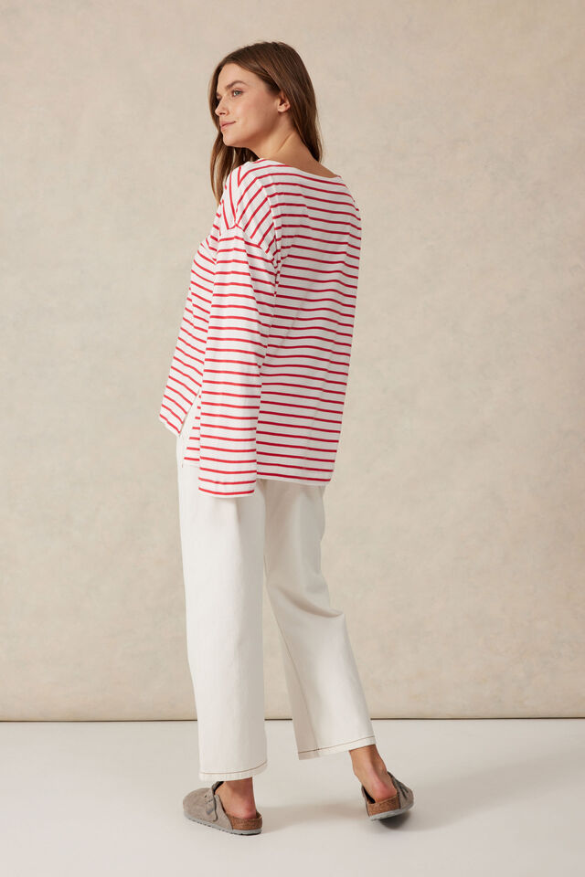 Slouchy Long Sleeve Boat Neck Tee, HERITAGE RED STRIPE