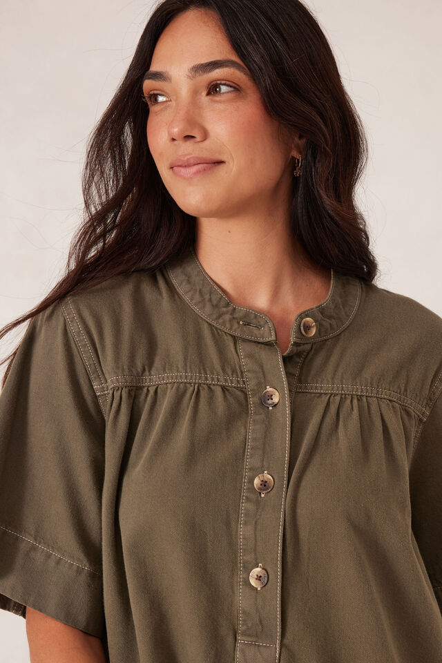 Half Placket Tunic Dress, SOFT OLIVE TWILL