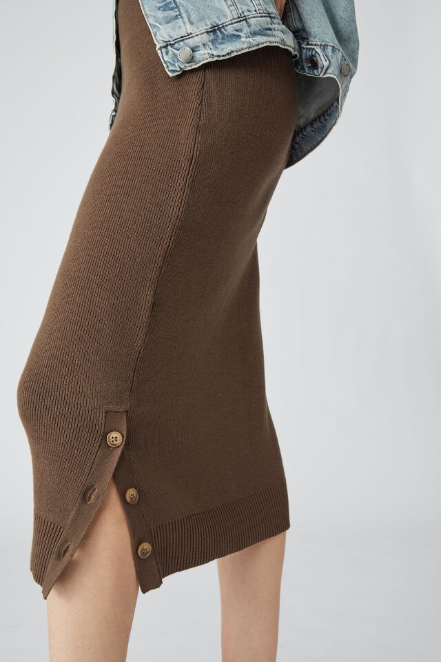 Organic Cotton Knit Midi Skirt, BROWN