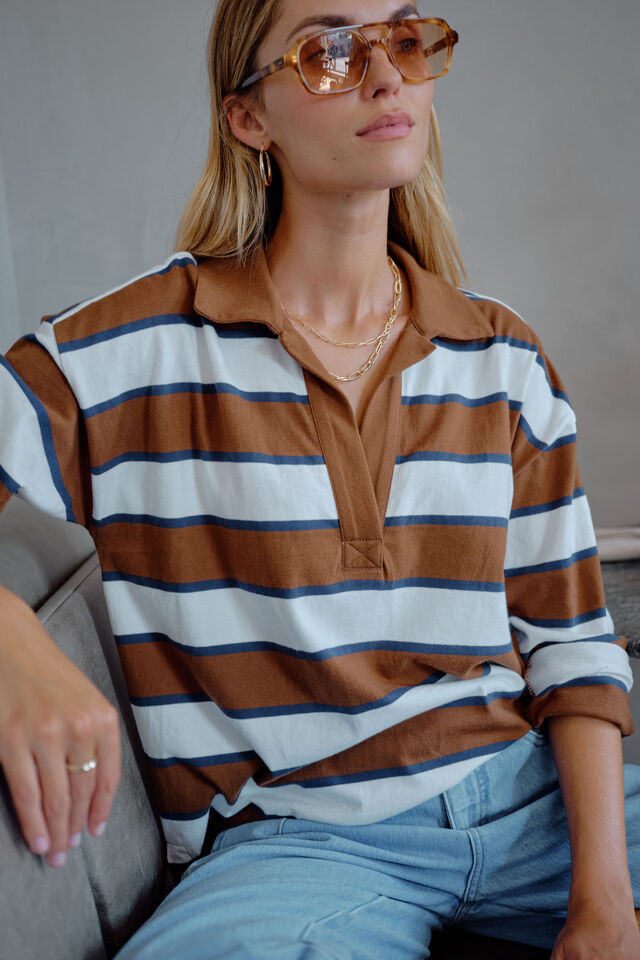 Shelby Slouchy Rugby Top, TOFFEE/WHITE/HERITAGE NAVY