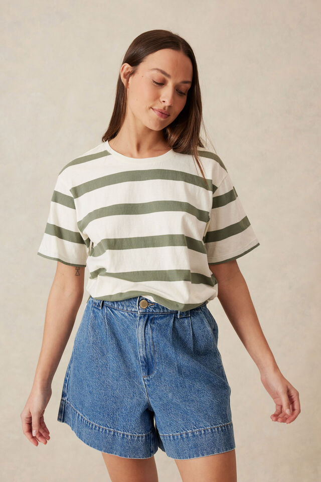 Stevie Slouchy Split Hem Tee, EGGSHELL/MOSS GREEN BOLD STRIPE