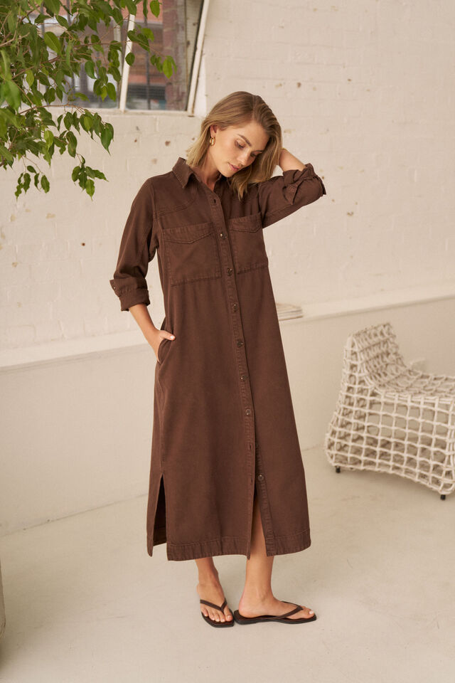 Rae Long Sleeve Midi Dress, CHOCOLATE