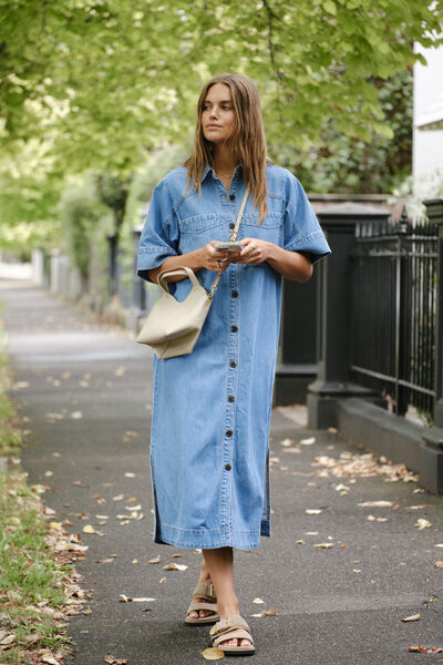Short Sleeve Yoke Detail Midi Dress, VINTAGE BLUE