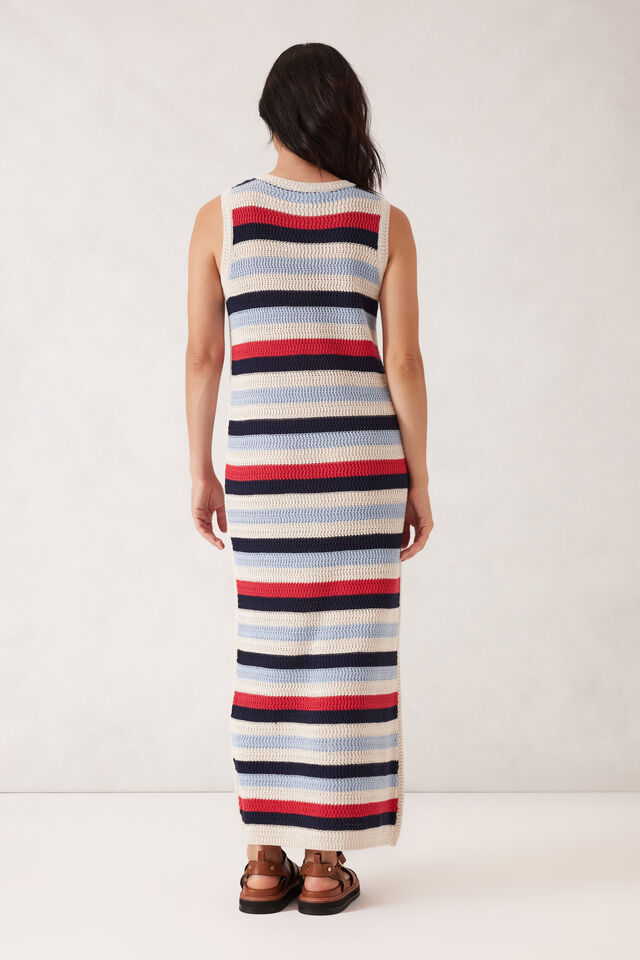 Textured Multi Stripe Knit Midi Dress, HERITAGE RED STRIPE