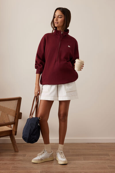 Lonny Oversized Half Zip Sweat, BURGUNDY