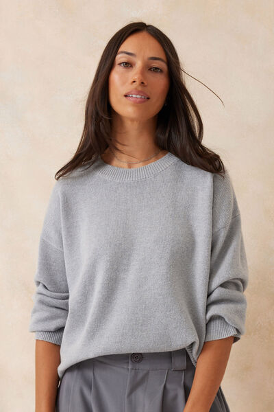 Boxy Knit With Embroidery, GREY MARLE