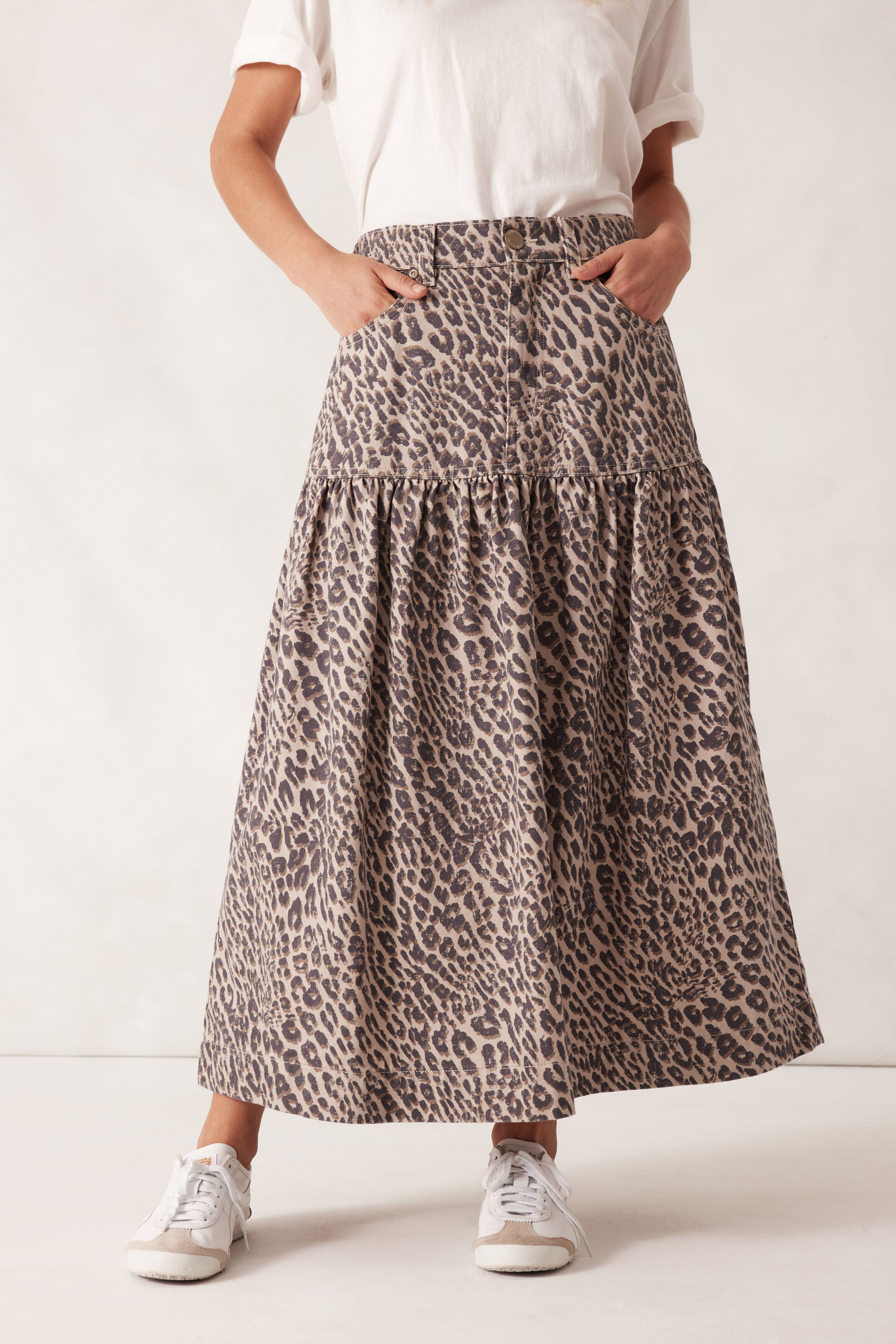 Drop Waist Denim Midi Skirt