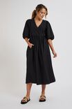Midi Wrap Dress In Cotton Linen Blend, BLACK - alternate image 3