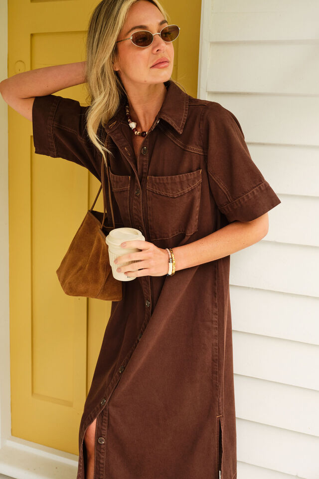 Ava Short Sleeve Midi Dress, CHOCOLATE