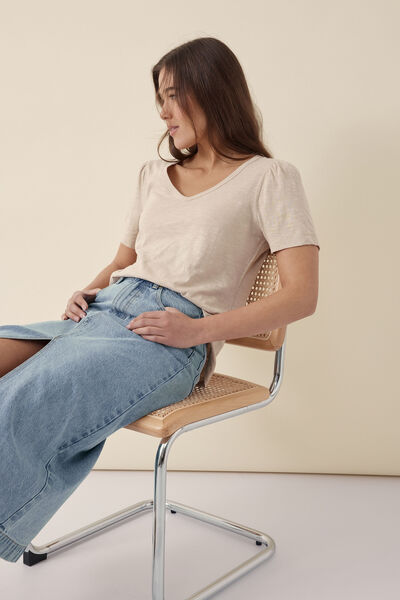 Puff Sleeve Scoop Vee In Textured Organic Cotton, MOONSTONE