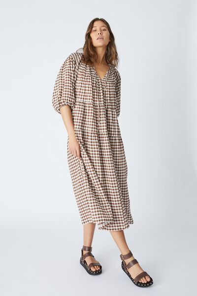 Shirred Puff Sleeve Midi Dress In Organic Gingham, WHITE AND BISON GINGHAM CHECK