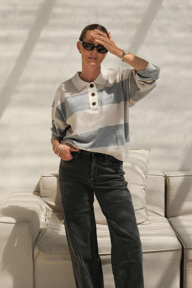 Long Sleeve Rugby Knit, GREY MARLE/OATMEAL MARLE STRIPE