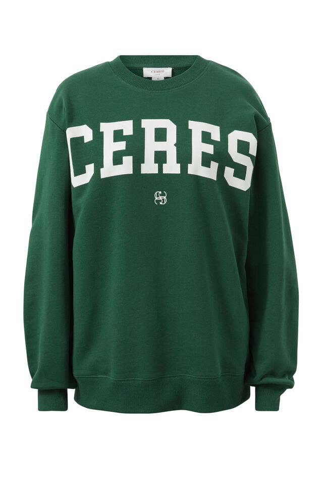 Isla Oversized Slouchy Crew, PINE GREEN HERITAGE LOGO