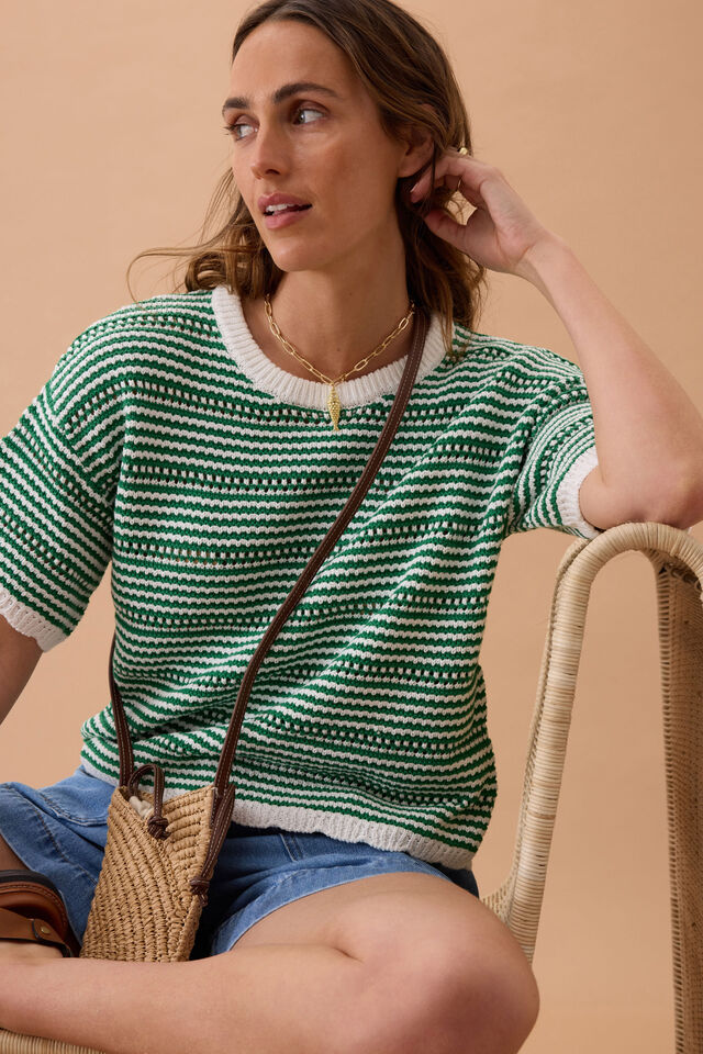 Nina Boxy Knit Tee, KELLY GREEN STRIPE