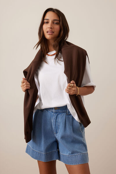 Billie Pleat Front Short, MID BLUE WASH