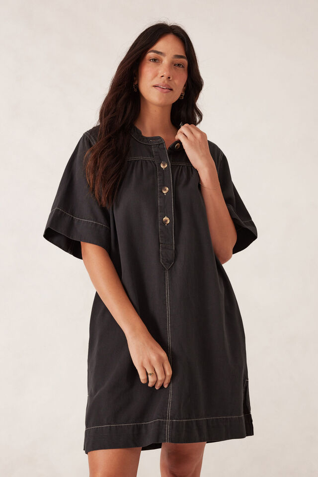 Half Placket Tunic Dress, WASHED BLACK TWILL