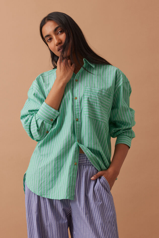 Peta Oversized Shirt, ZESTY GREEN TRIPLE STRIPE