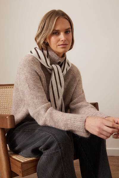 Sully Triangle Knit Scarf, OATMEAL MARLE/CHOCOLATE STRIPE