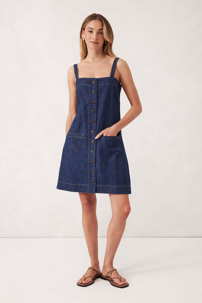 Strappy Button Mini Shift Dress, DARK INDIGO