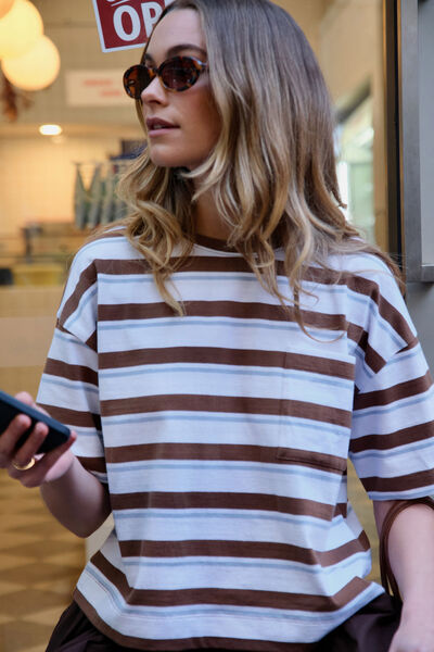 Boa Boxy Pocket Tee, WHITE/MILK CHOC CHALK STRIPE