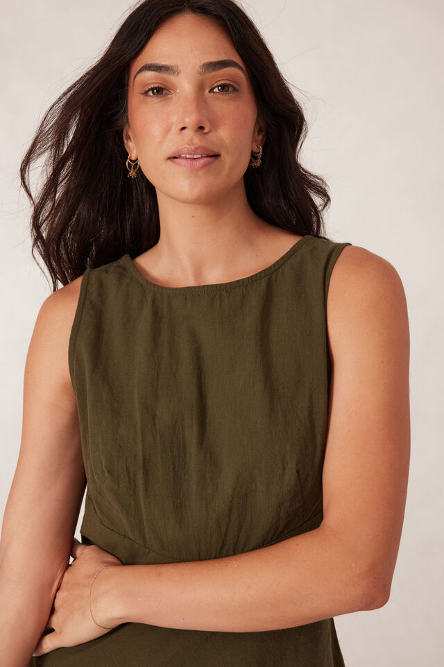 Bias Textured Cotton Midi Dress, DEEP OLIVE