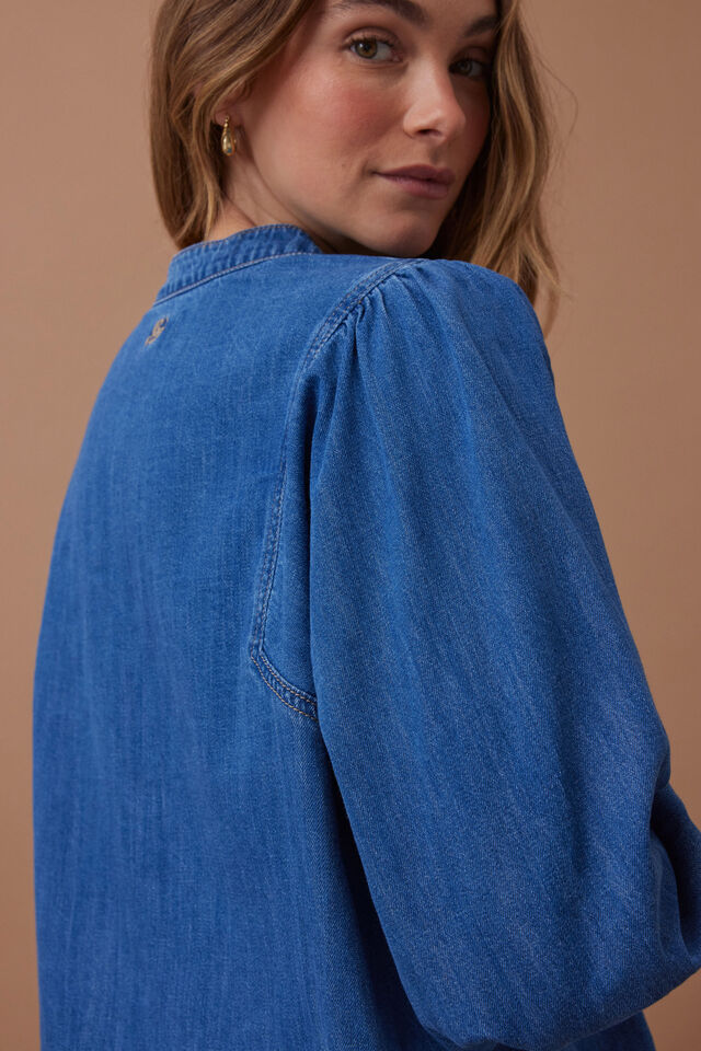 Puff Sleeve Denim Shirt, TRUE INDIGO