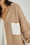 Colour Block Vee Neck Sweater In Organic Cotton, CAMELETTE/WARM WHITE