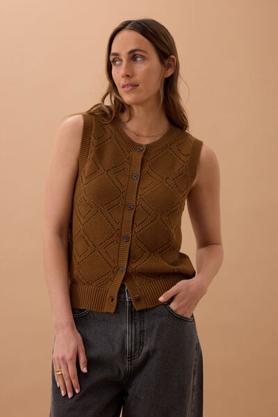 Dahlia Diamond Knit Vest, TOFFEE