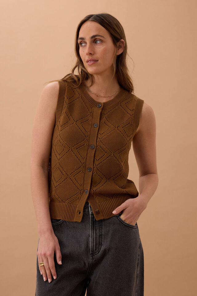 Dahlia Diamond Knit Vest, TOFFEE