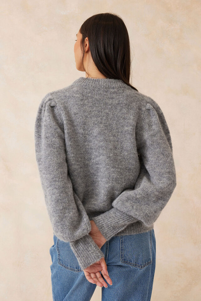 Puff Sleeve Crew In Alpaca Wool Blend, SILVER GREY