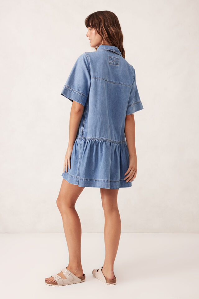 Short Sleeve Tiered Pocket Shirt Dress, VINTAGE BLUE