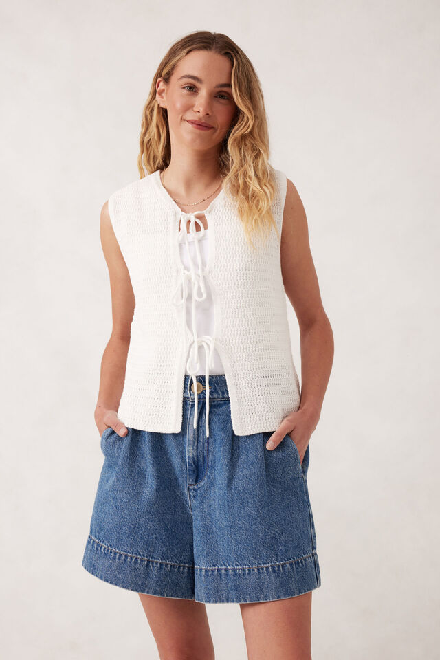 Mesh Knit Tie Tank, WHITE